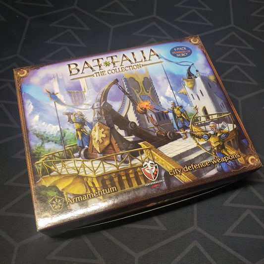 Image shows the front cover of the box of the Armamentum expansion for the board game Battalia