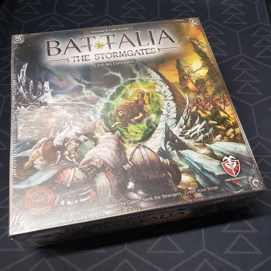 Image shows the front cover of the box of the Stormgates expansion for the board game Battalia