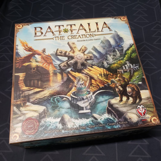 Image shows the front cover of the box for the Battalia: The Creation board game