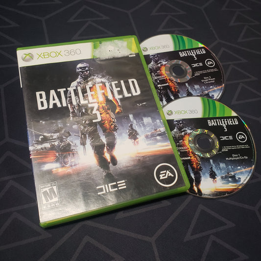 Image shows the case and two discs for the video game Battlefield 3 for Xbox 360