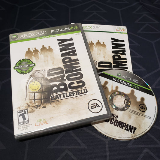 Image shows the case, manual and disc for the video game Battlefield: Bad Company for Xbox 360
