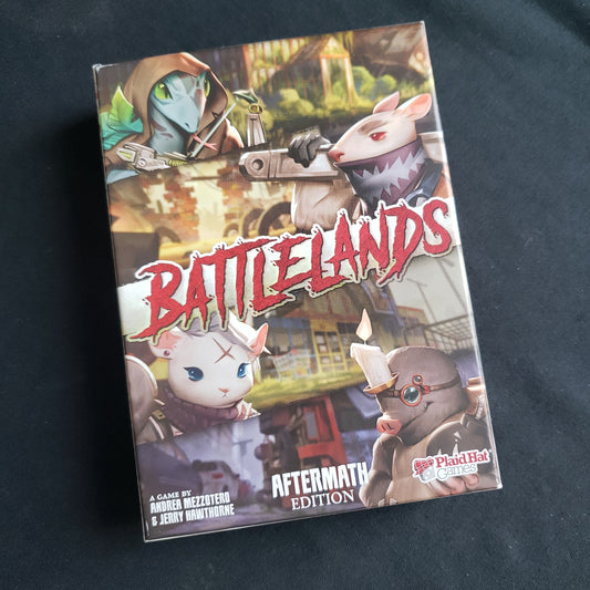 Image shows the front cover of the box of the Battlelands: Aftermath Edition card game