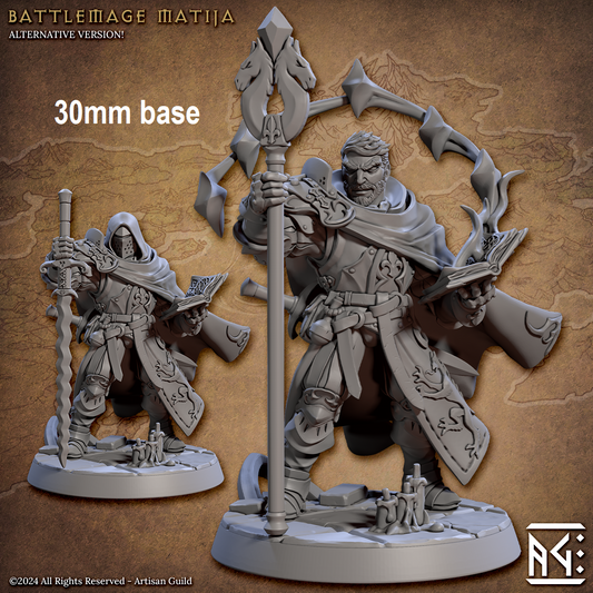 Image shows 3D renders for two different options for a human sorcerer gaming miniature, one with a helmet and hood holding a sword and grimoire, the other with no hood or helmet holding a staff and grimoire with a spell emanating from it