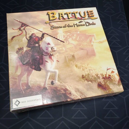 Image shows the front cover of the box of the board game Battue: Storm of the Horse Lords
