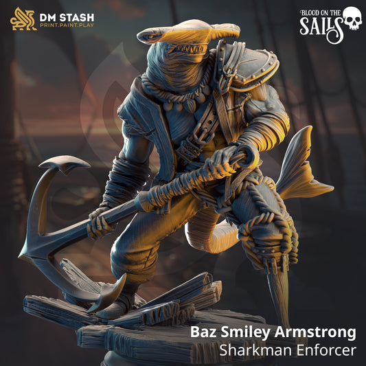 Image shows a 3D render of a sharkfolk pirate gaming miniature.