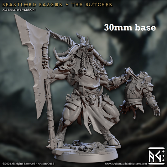 Image shows a 3D render for a capra warlord gaming miniature holding up a half of a human warrior's body in one fist and a huge axe in the other.