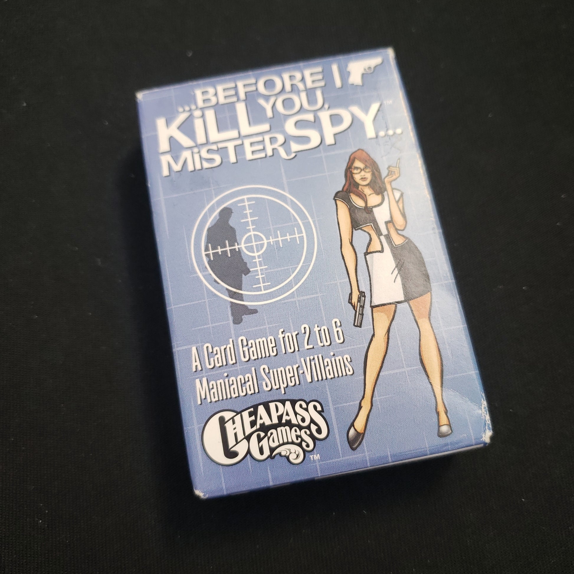 Image shows the front cover of the box of the card game Before I Kill You, Mister Spy