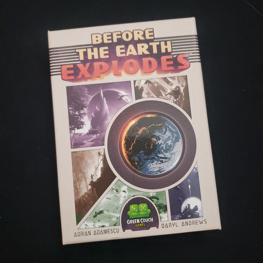 Image shows the front cover of the box of the card game Before the Earth Explodes
