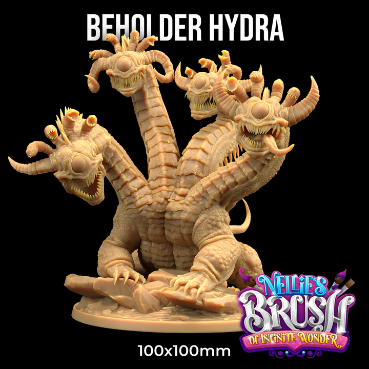 Image shows a 3D render of a gaming miniature of a hydra with beholders for its heads