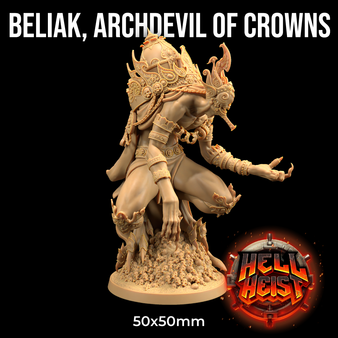 Image shows a 3D render of a bejeweled demon gaming miniature with his hand outstretched