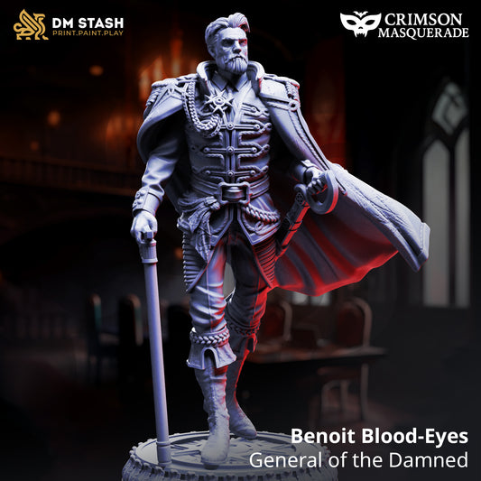 Image shows a 3D render of a vampire general gaming miniature.