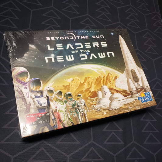 Image shows the front cover of the box of the Leaders of the New Dawn expansion for the board game Beyond the Sun