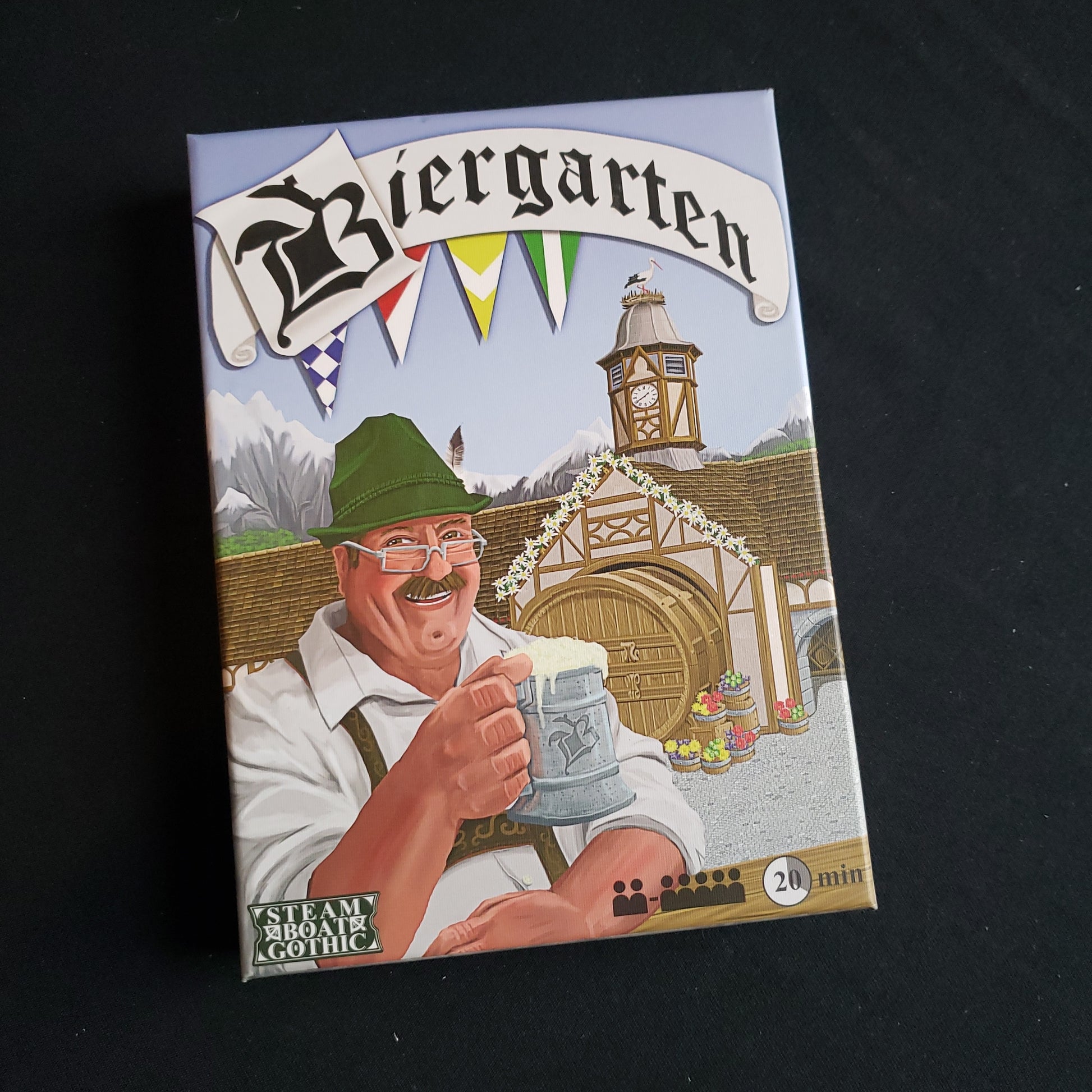 Image shows the front cover of the box of the Biergarten board game