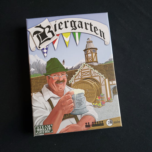 Image shows the front cover of the box of the Biergarten board game