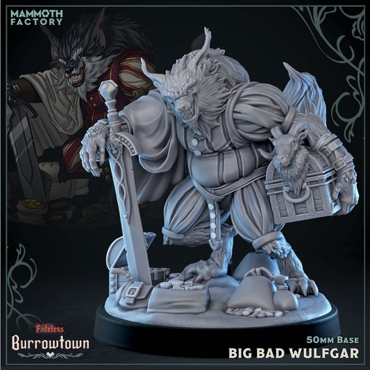 Image shows a 3D render of a werewolf noble gaming miniature.