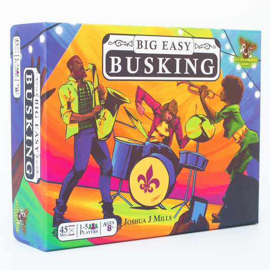 Image shows the front cover of the box of the Big Easy Busking board game