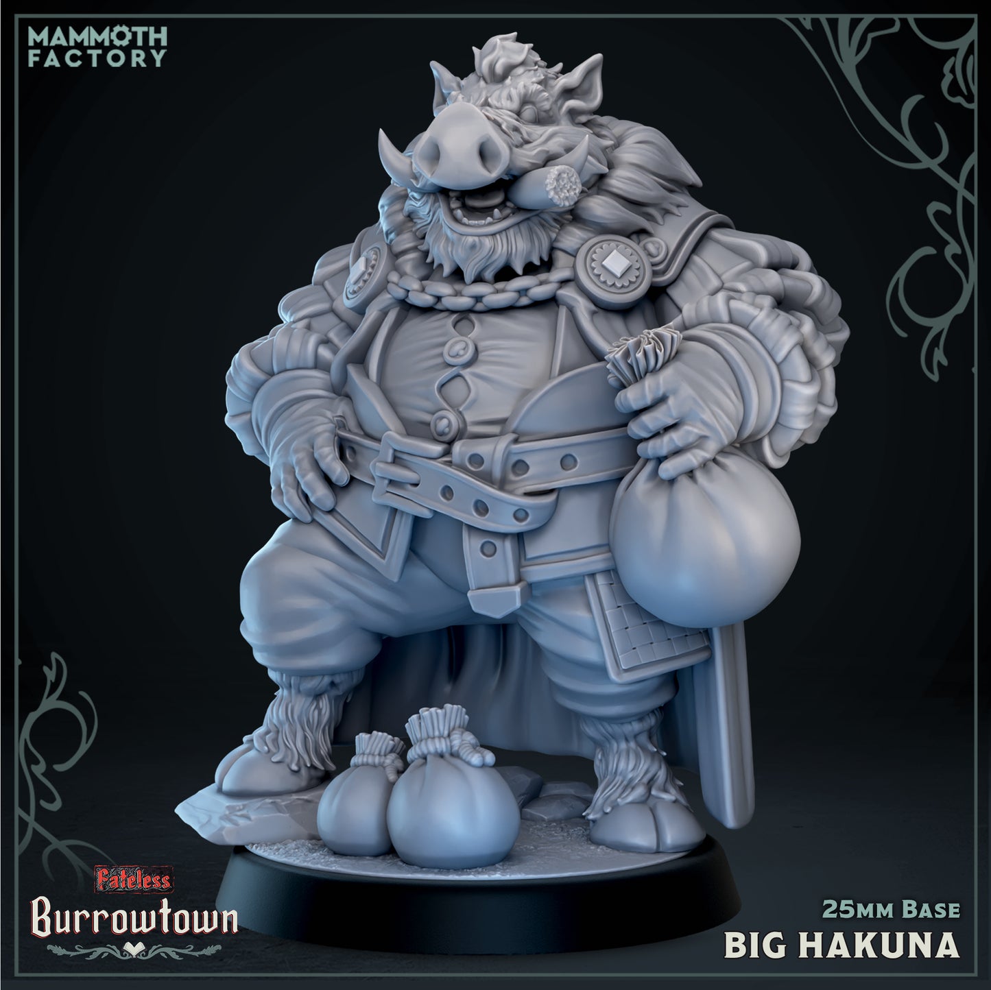 Image shows a 3D render of a hogfolk noble gaming miniature.