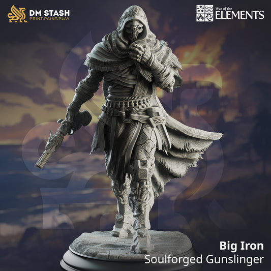 Image shows an 3D render of a warforged gunslinger gaming miniature in a cloak holding a gun