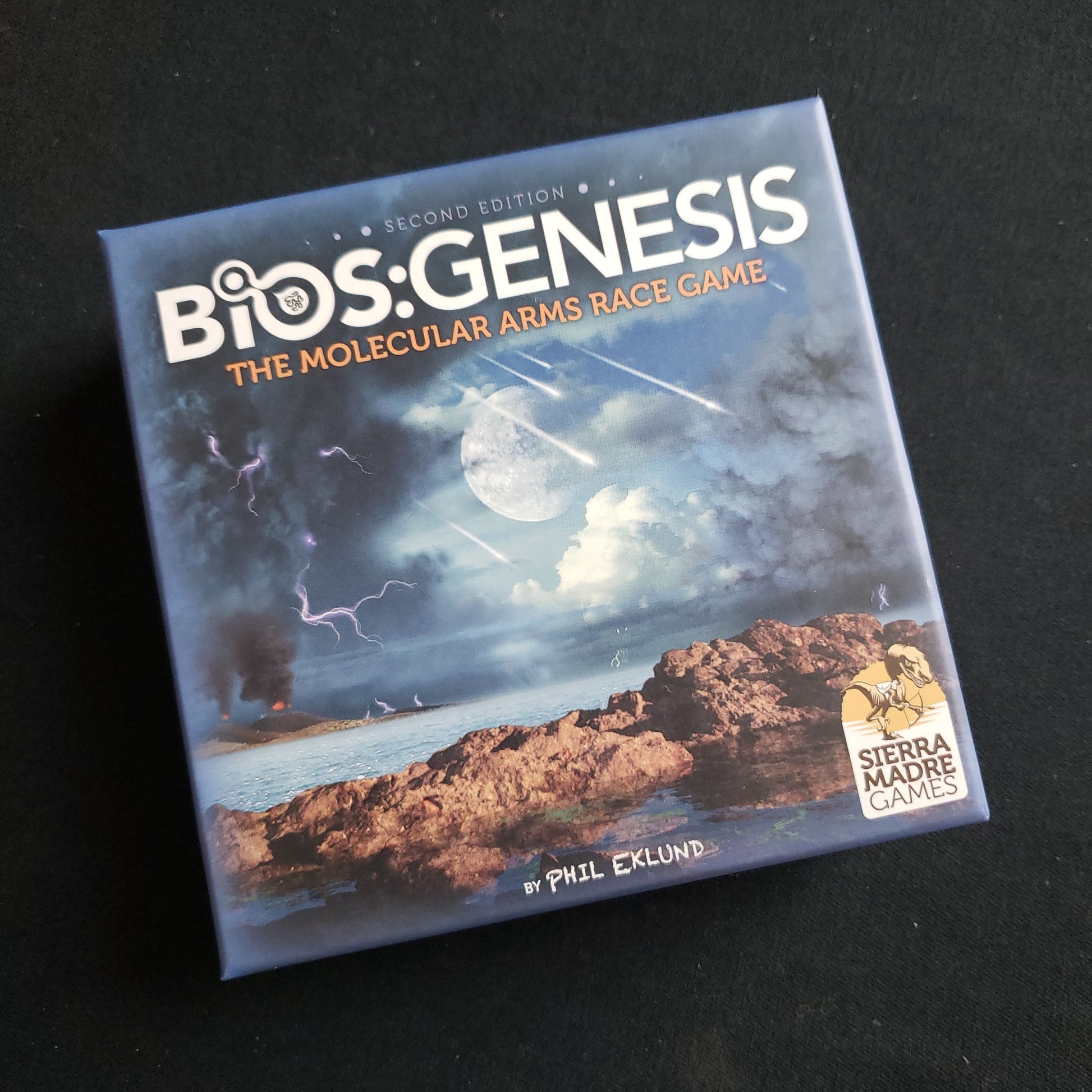 Image shows the front cover of the box of the Bios: Genesis board game