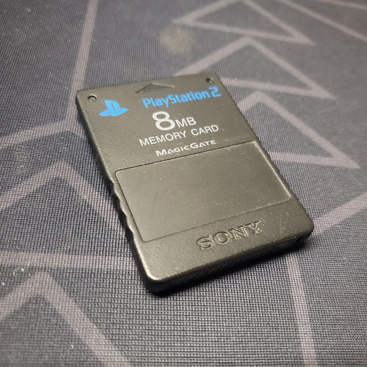 Image shows the front of a black Sony 8MB Memory Card for the Playstation 2 video game system