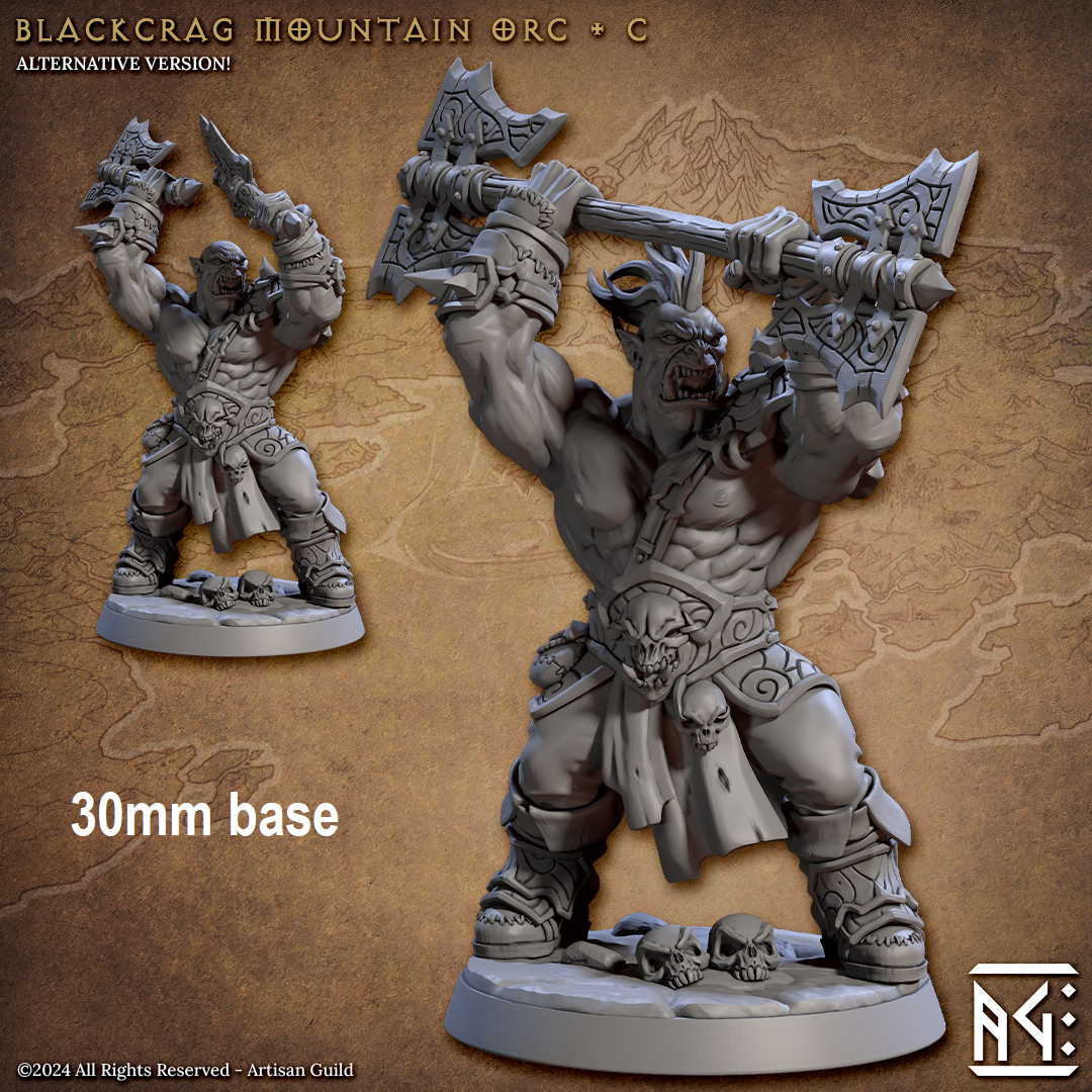 Image shows 3D renders of some different options for an orc barbarian gaming miniature