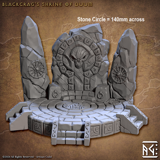 Image shows a 3D render of gaming miniature terrain with stone monoliths and a skull relief