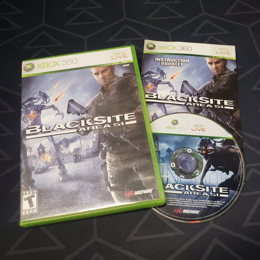Image shows the case, manual & disc for the video game Blacksite Area 51 for Xbox 360