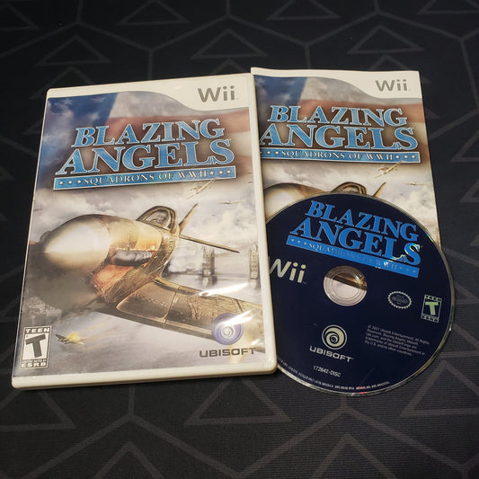 Image shows the case, manual & disc for the video game Blazing Angels: Squadrons of WWII for Nintendo Wii