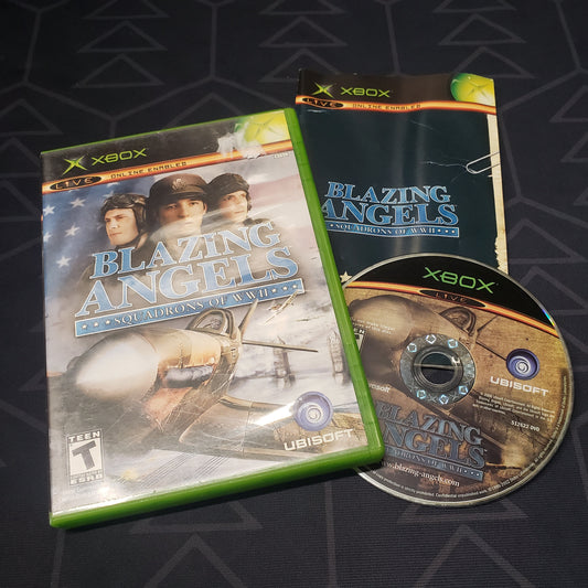 Image shows the case, manual and disc for the video game Blazing Angels: Squadrons of WWII for the original Xbox