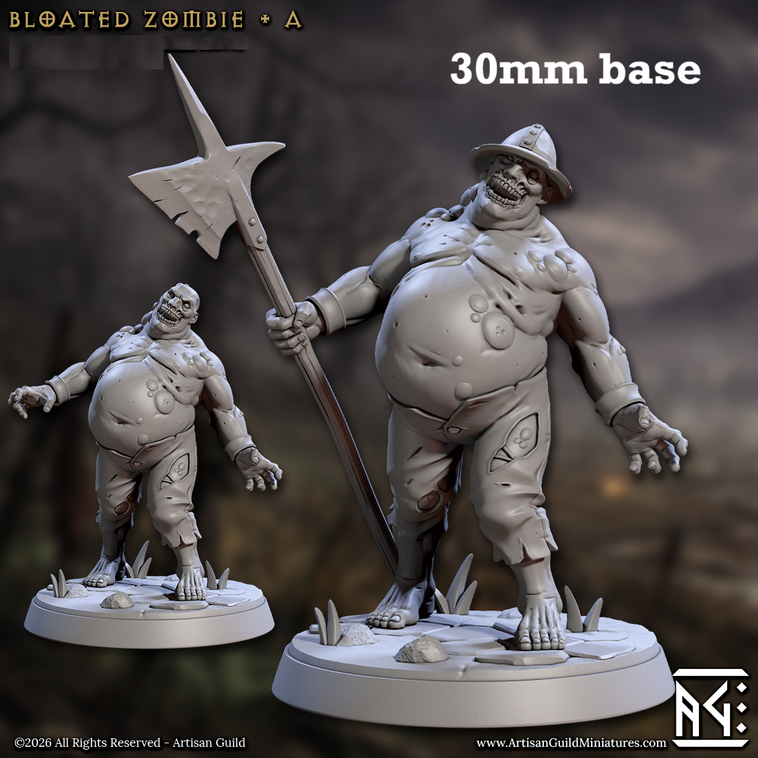 Image shows 3D renders of two sculpt options for a bloated zombie gaming miniature.