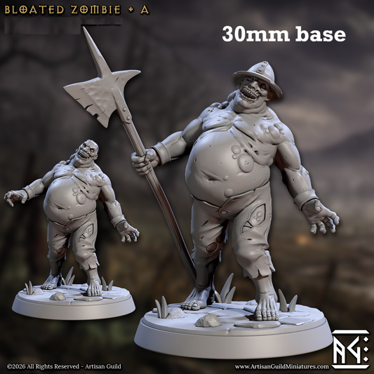 Image shows 3D renders of two sculpt options for a bloated zombie gaming miniature.