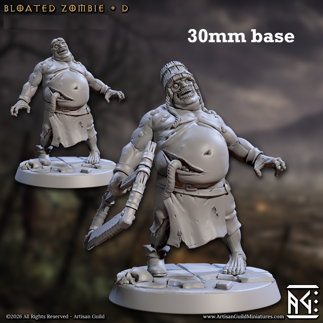 Image shows 3D renders of two sculpt options for a bloated zombie gaming miniature.