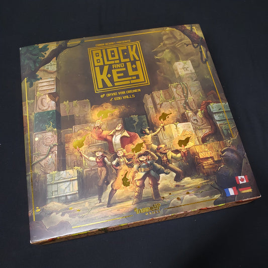 Image shows the front cover of the box of the Block and Key board game