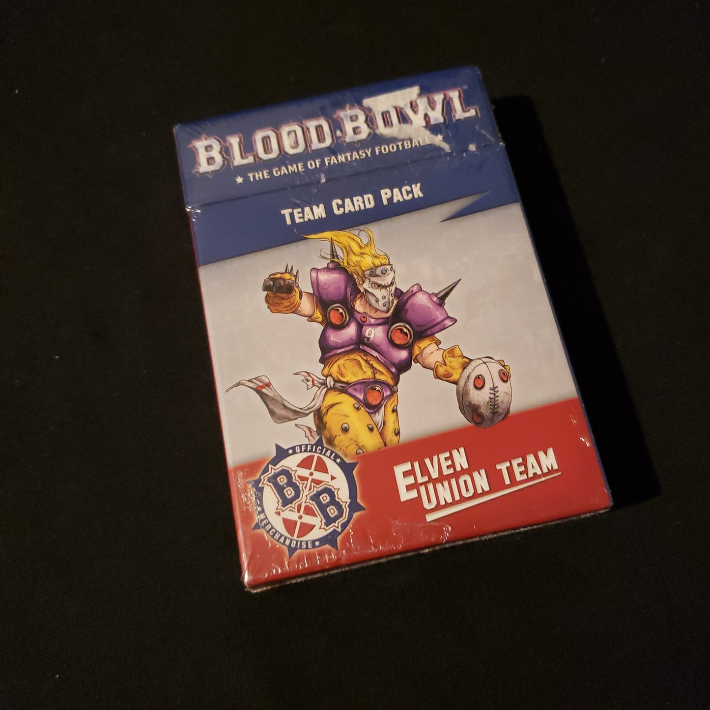 Image shows the front of the box for the Elven Union Team Card Pack for the Blood Bowl miniatures game