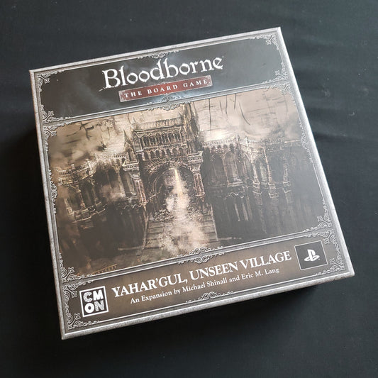 Image shows the front cover of the box of the Yahar'gul, Unseen Village expansion for the Bloodborne board game