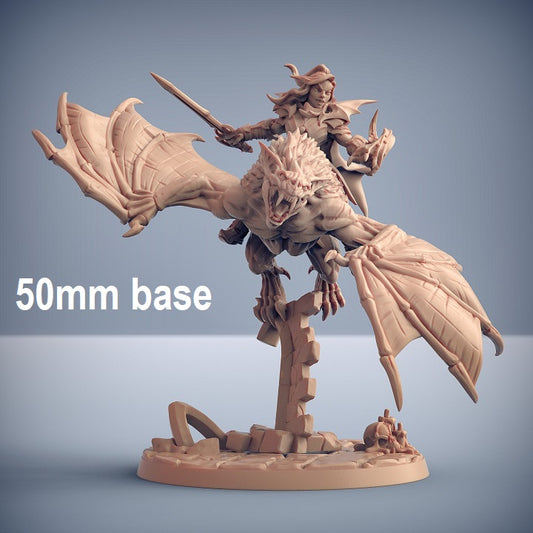 Image shows a 3D render of a gaming miniature depicting a vampire knight riding a giant vampire bat