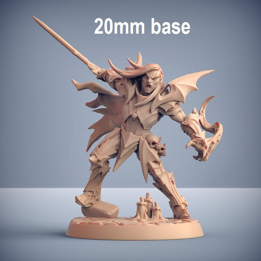 Image shows an 3D render of a vampire soldier gaming miniature, holding a sword in one hand and wielding blood magic in the other
