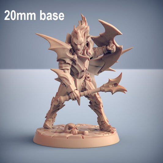 Image shows an 3D render of a vampire soldier gaming miniature, holding a mace in one hand and a shield in the other