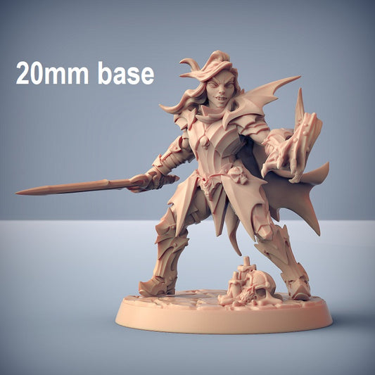 Image shows an 3D render of a vampire soldier gaming miniature wearing a helmet, holding a sword in one hand and wielding blood magic in the other