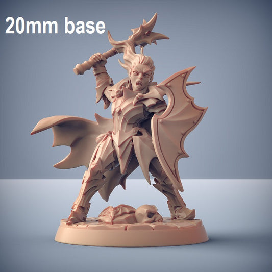 Image shows an 3D render of a vampire soldier gaming miniature, holding a mace in one hand and a shield in the other