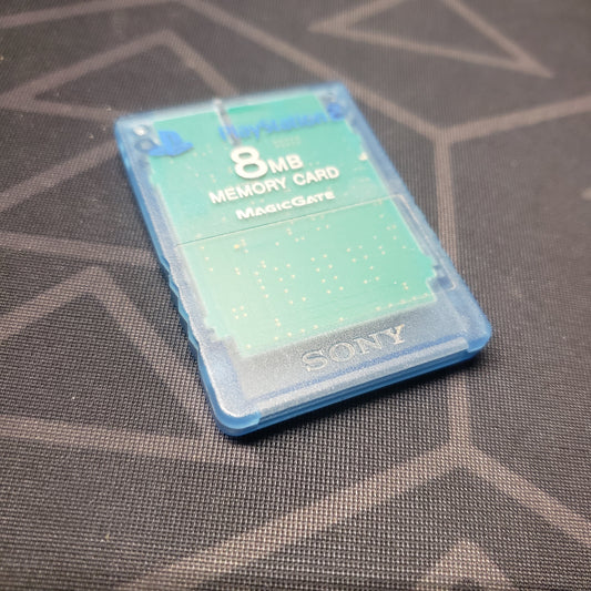 Image shows the front of a blue Sony 8MB Memory Card for the Playstation 2 video game system