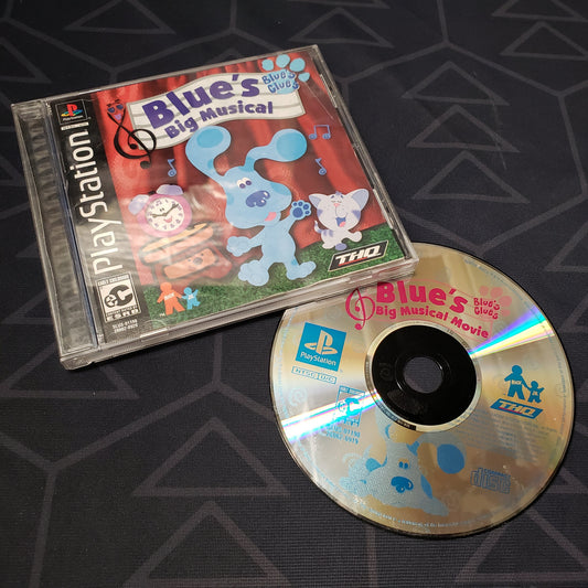 Image shows the jewel case with manual and disc for the video game Blue's Clues: Blue's Big Musical for Playstation 1
