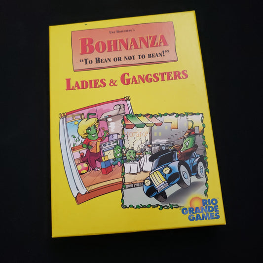 Image shows the front cover of the box of the Bohnanza: Ladies & Gangsters card game