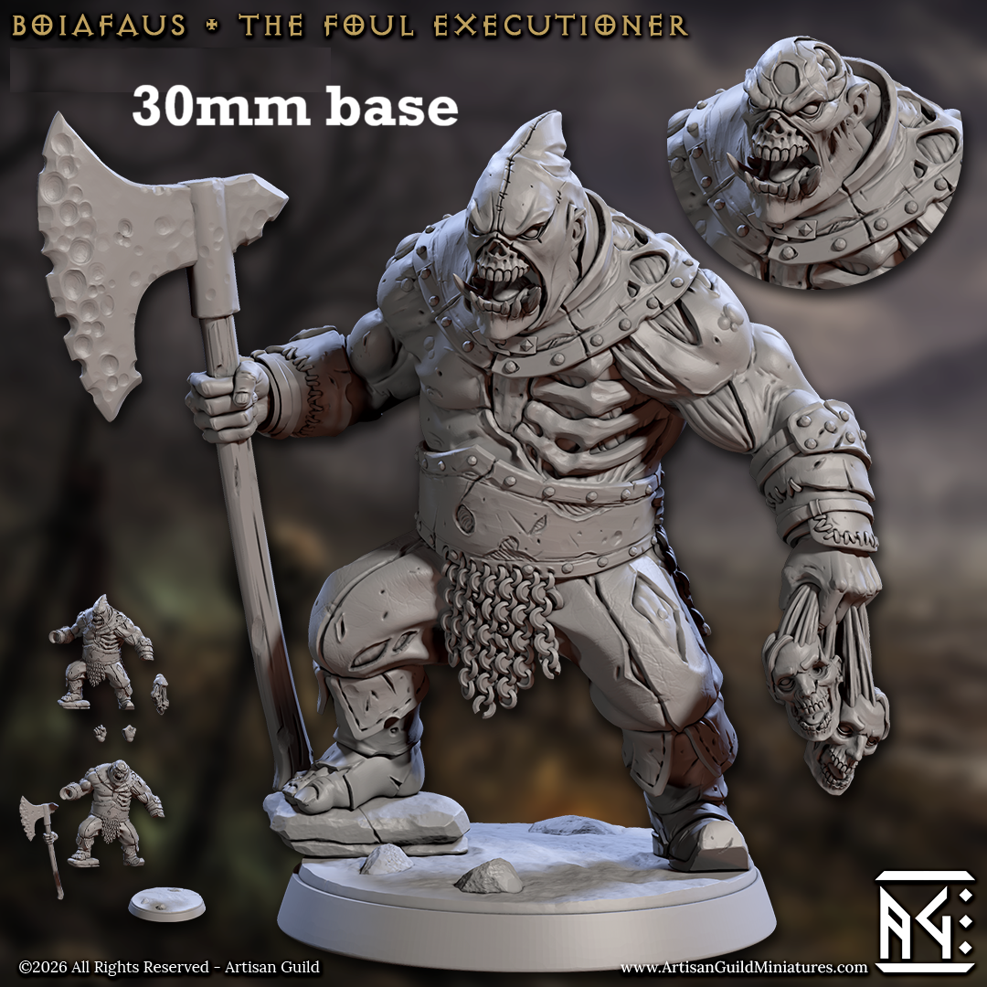 Image shows 3D renders of two sculpt options for a zombie executioner gaming miniature.