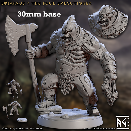 Image shows 3D renders of two sculpt options for a zombie executioner gaming miniature.