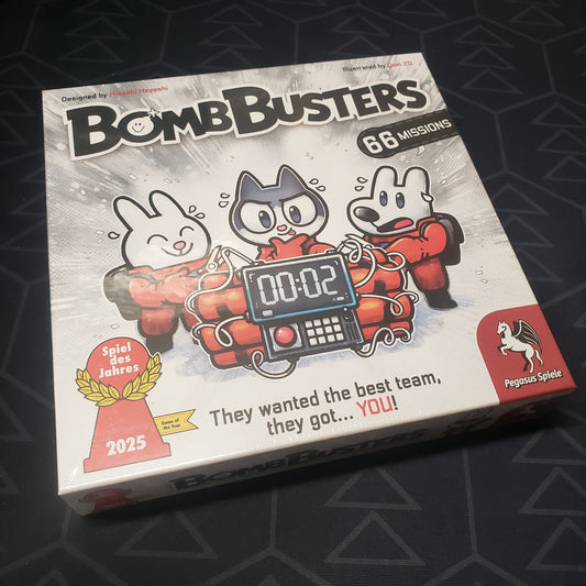 Image shows the front cover of the box for the Bomb Busters board game