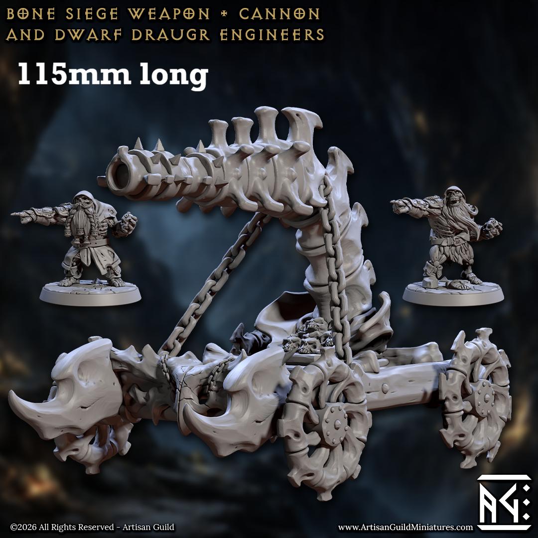 Image shows a 3D render of a bone cannon siege weapon gaming miniature with two draugr engineers