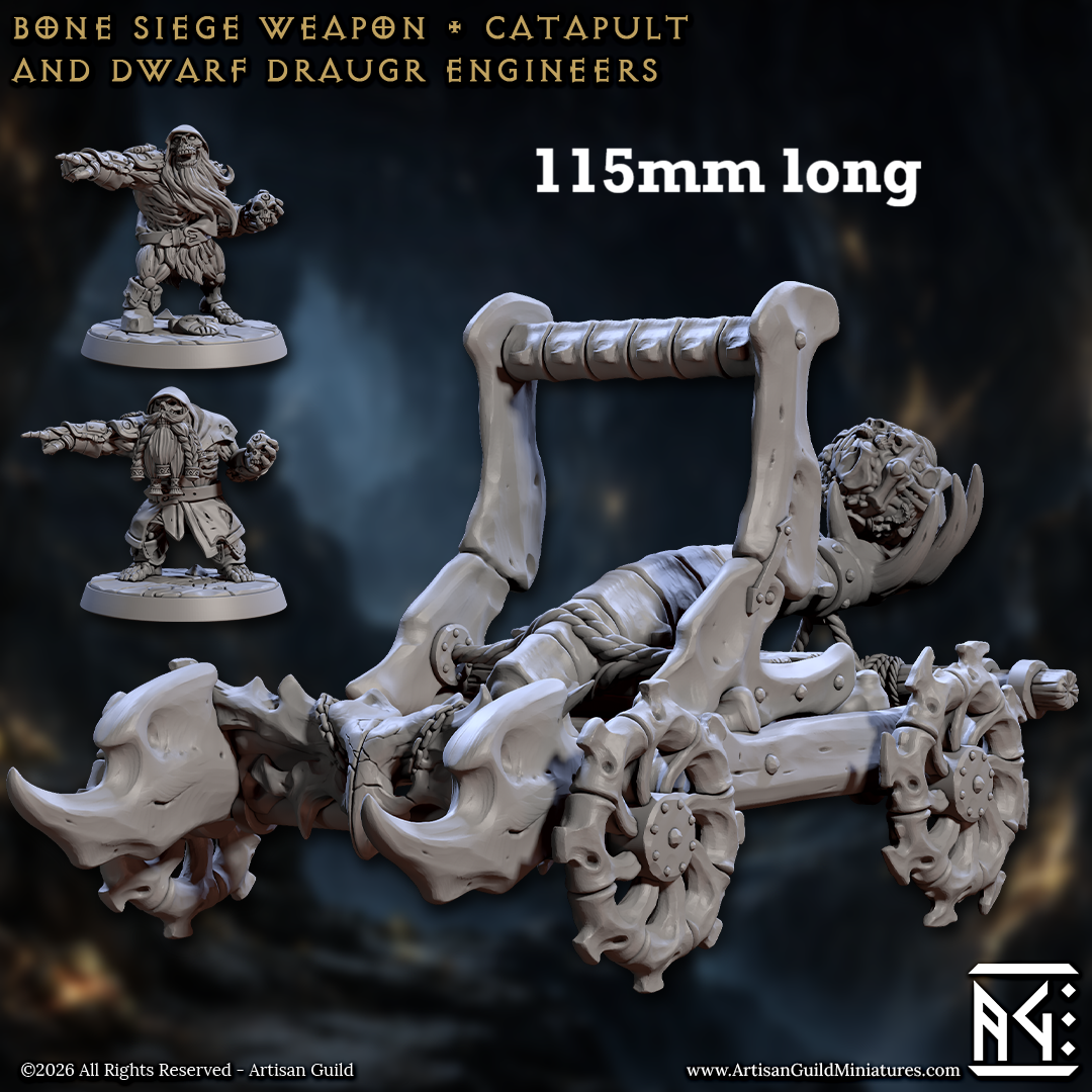 Image shows a 3D render of a bone catapult siege weapon gaming miniature with two draugr engineers