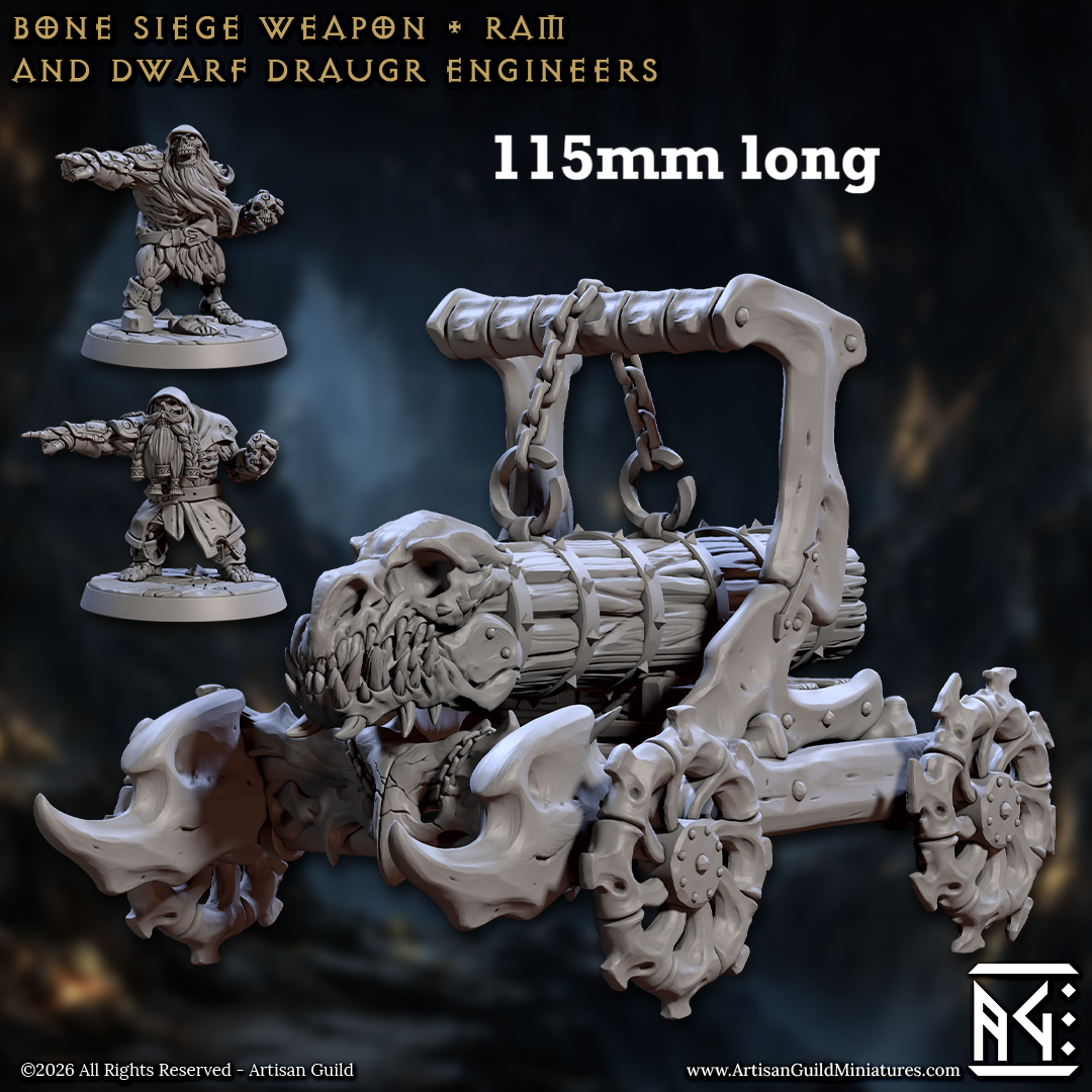 Image shows a 3D render of a bone battering ram siege weapon gaming miniature with two draugr engineers