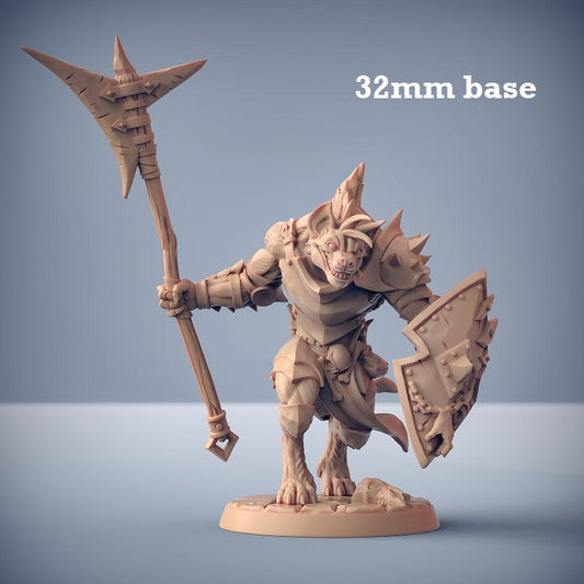 Image shows a 3D render of a gnoll warrior gaming miniature